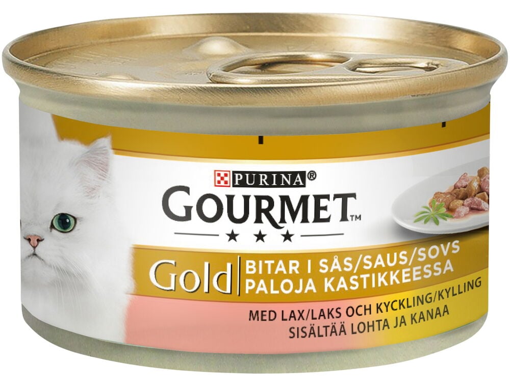 Gul och vit burk våtfoder med kattmotiv.