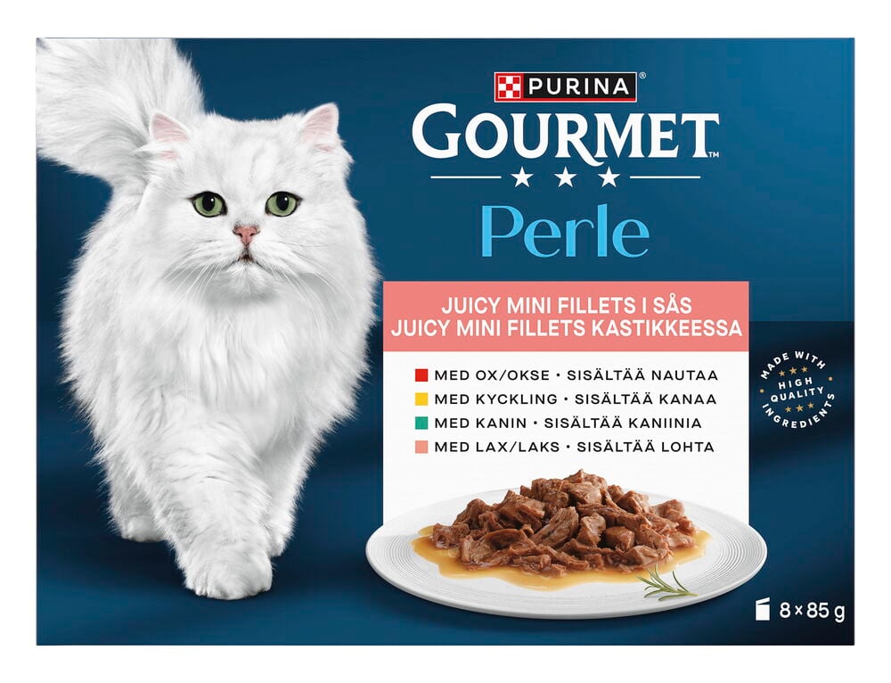 Kissojen märkäruoka Gourmet Perle 8x85 g Mini Filettes in Sauce, valkoisen kissan ja ruokakupin kera.