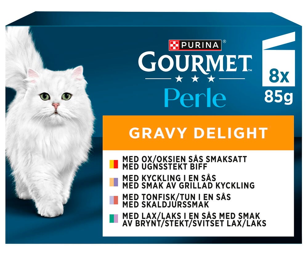Kissojen märkäruoka Gourmet Perle 8x85 g Gravy Delight -pakkaus ja valkoinen persialainen kissa.