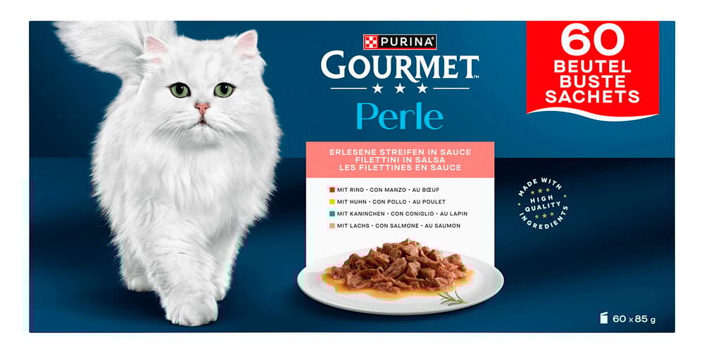 Våtfoder, katt Gourmet Perle 60x85 g, olika smaker. Förpackning med vit katt och matskål.