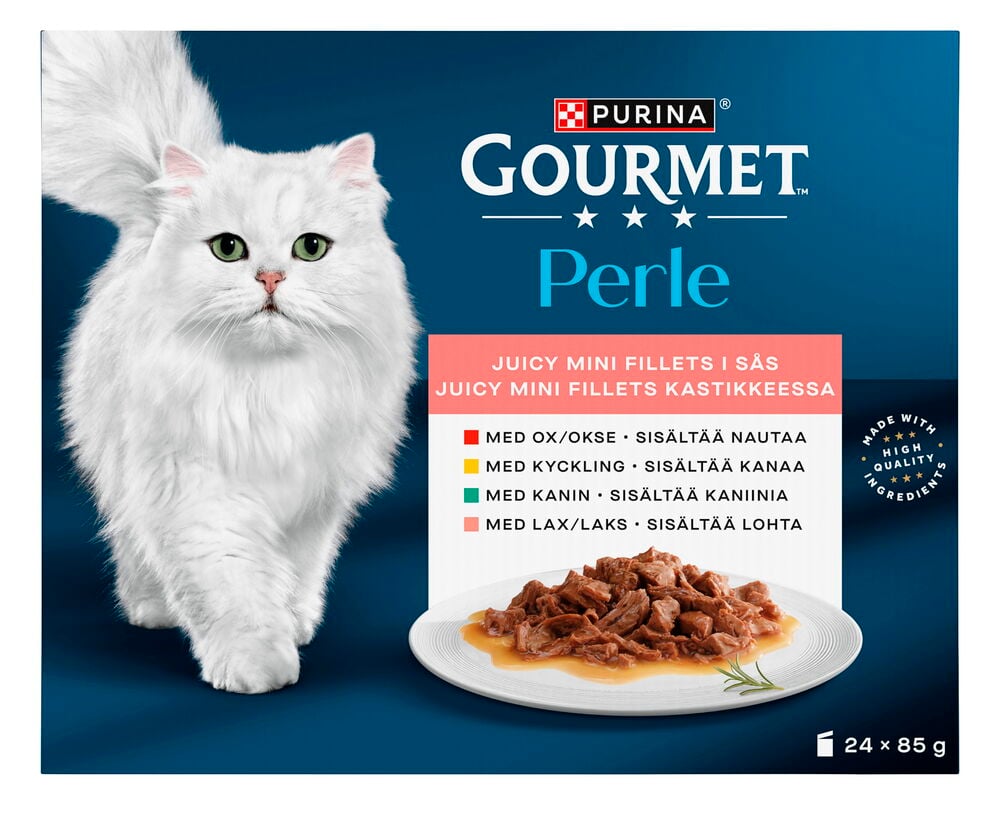 Kissojen märkäruoka Gourmet Perle 24x85 g Eri makuja, jossa valkoinen kissa ja annos ruokaa.