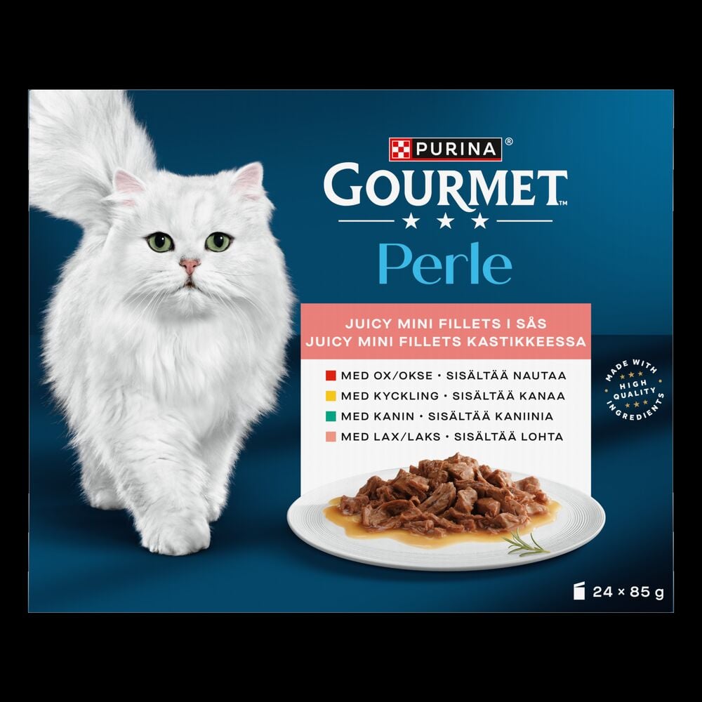 Kartong våtfoder, katt Gourmet Perle 24x85 g Olika smaker, med en vit katt.