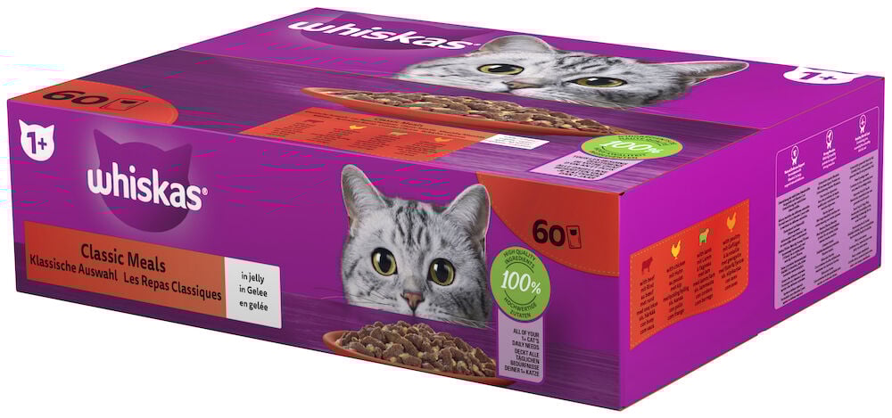 Lila Whiskas kattmat kartong med katt och foderskål.