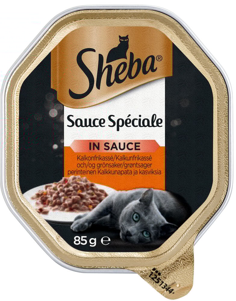 Portionsförpackning Sheba våtfoder med sås och katt.