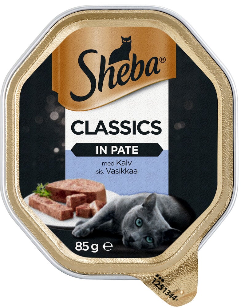 Svart förpackning Sheba kattmat paté med kalv.