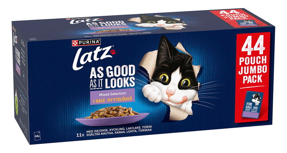 Blå Latz 44x85 g Våtfôr til katt, Assorterte smaker i gelé-pakke med en svart og hvit katt som titter ut.