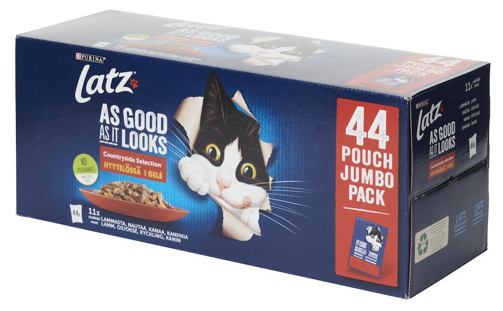 Blå förpackning kattmat Latz 44 portionspåsar.