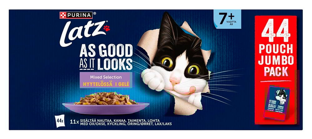 Kissojen märkäruoka Latz 44x85 g Agil Senior Mixed selection in jelly, sininen laatikko kissa-kuvituksella.