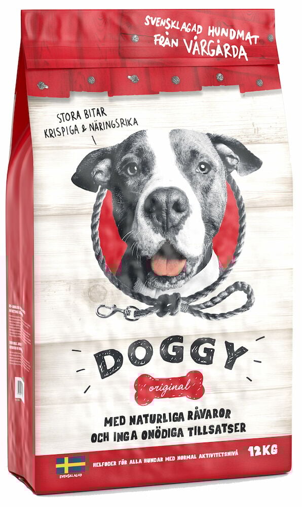 Stor röd säck torrfoder hund med hundillustration.