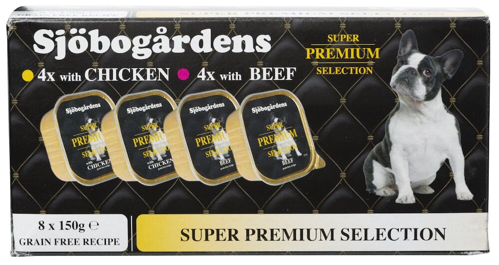 Verpackung mit acht Nassfutter für Hunde, verschiedene Geschmacksrichtungen.