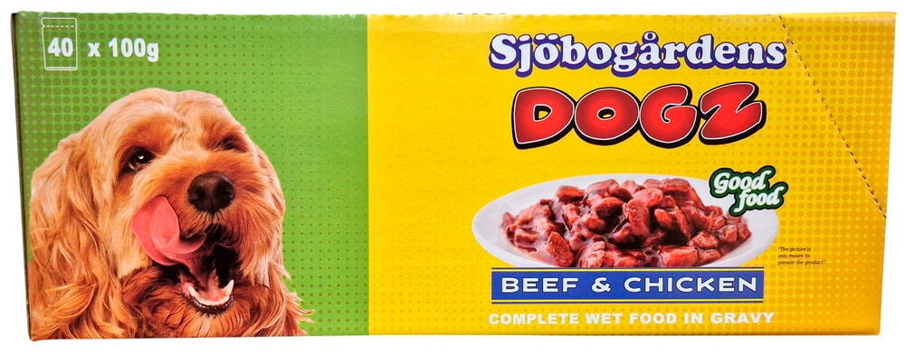 Verpackung Nassfutter Hund mit Bild von fröhlichem Hund.