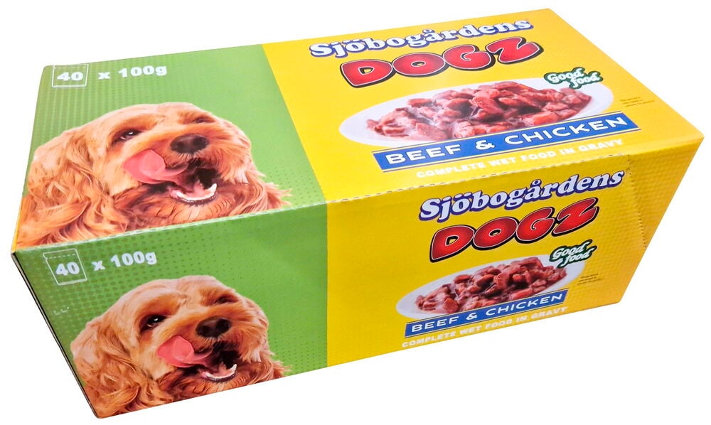 Kartonki Sjöbogårdens märkäruoka koira naudanliha kana.