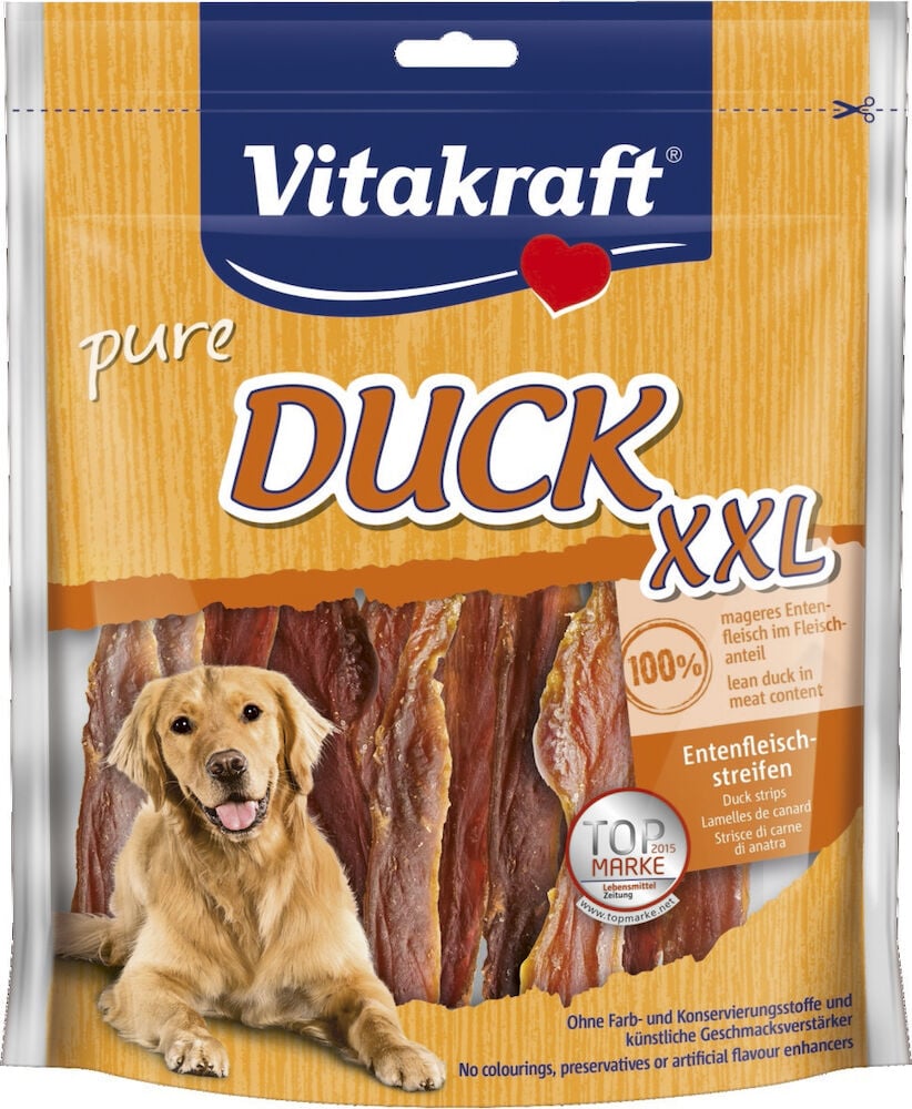 Beutel mit Entensnacks und fröhlichem Hund auf der Vorderseite.