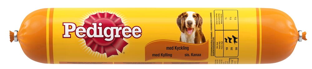Koirien märkäruoka Pedigree 500 g Kana: Keltainen ja oranssi makkaranmuotoinen pakkaus, jossa koiran kuva.