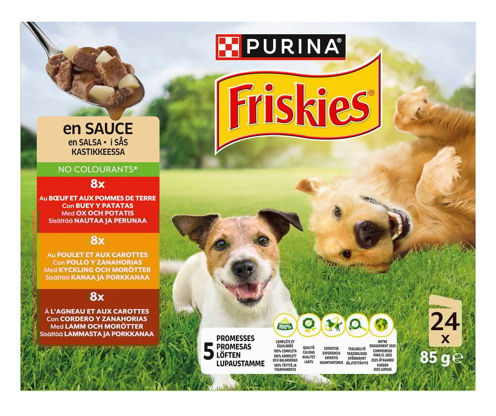 Friskies 24x85g våtfoder för hund med nötkött, kyckling och lamm, visas med två glada hundar.