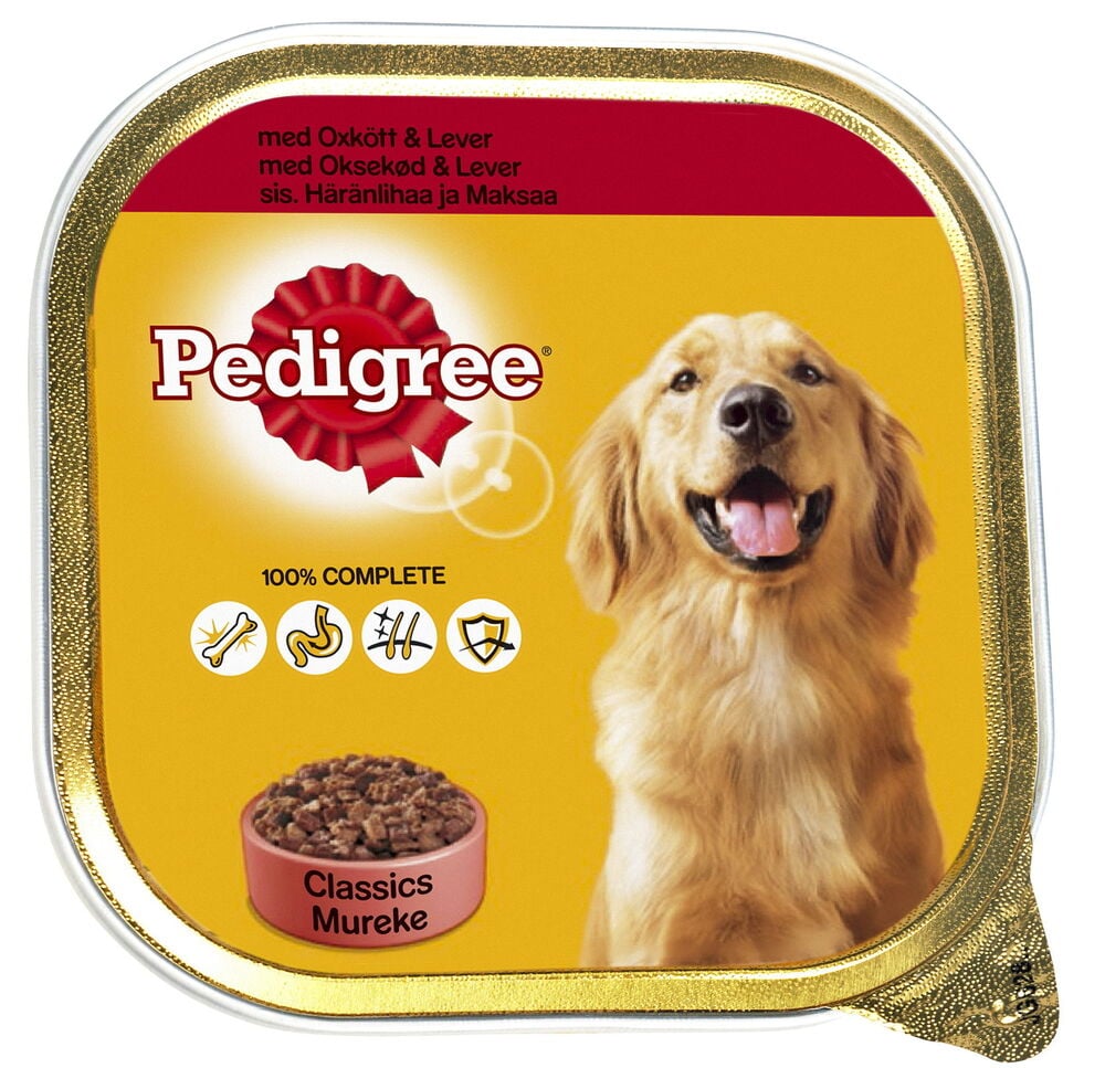 Koirien märkäruoka Pedigree 300 g Naudan maksa kultaisessa rasiassa, koiran ja ruokakupin kuvalla.