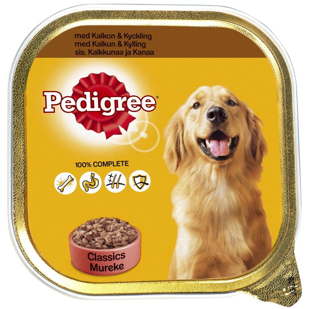 Kultainen foliotarjotin Pedigree Koirien märkäruoka Kalkkunaa & kanaa, koiran ja ruokakulhon kuvilla.