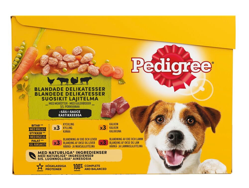 Koirien märkäruoka Pedigree 12x100 g Mixed Selection in Sauce, keltainen pakkaus ainesosilla ja koiran kasvoilla.