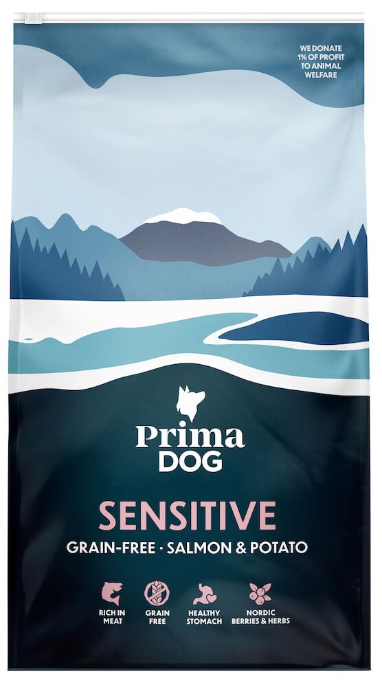 Großer Beutel Trockenfutter für Hunde, blau und weiß.