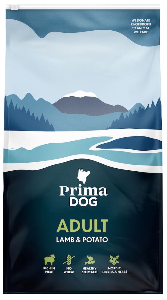 Blaue Verpackung PrimaDog Lamm und Kartoffel.