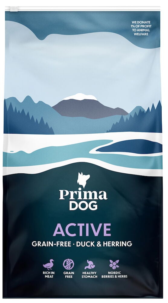 Verpackung PrimaDog Active getreidefreies Hundefutter.