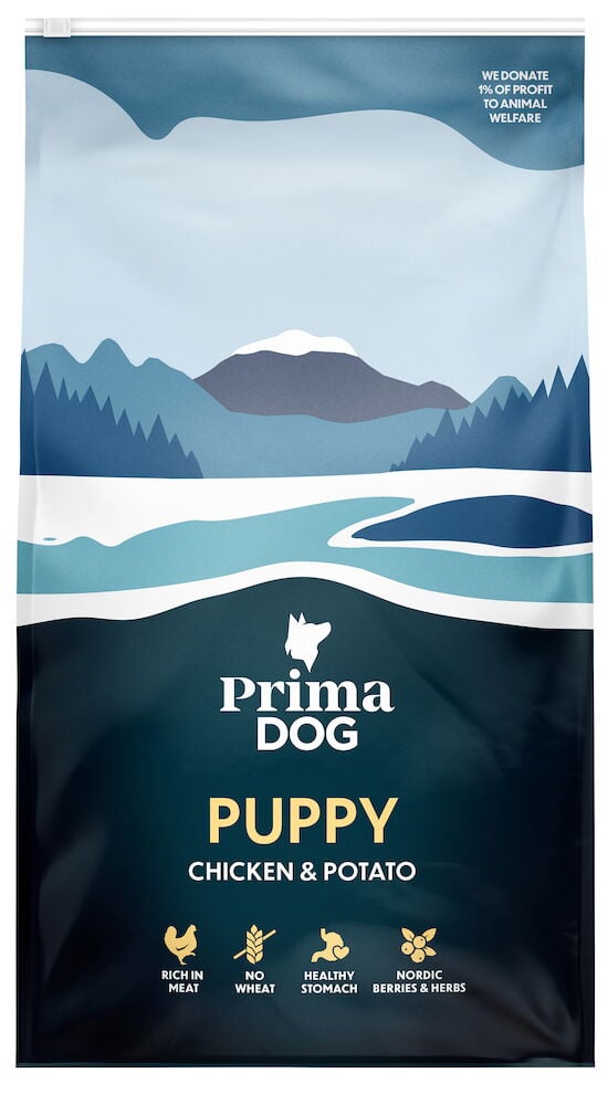 PrimaDog Welpenfutter Huhn und Kartoffel Hundfutterbeutel.