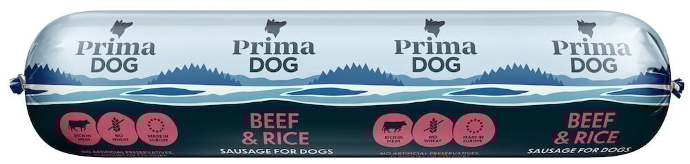 Stor avlång korv med blå och rosa etikett.