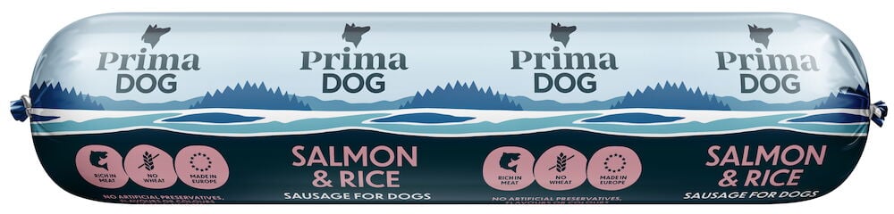 Ljusblå korvförpackning med text PrimaDog Salmon Rice.