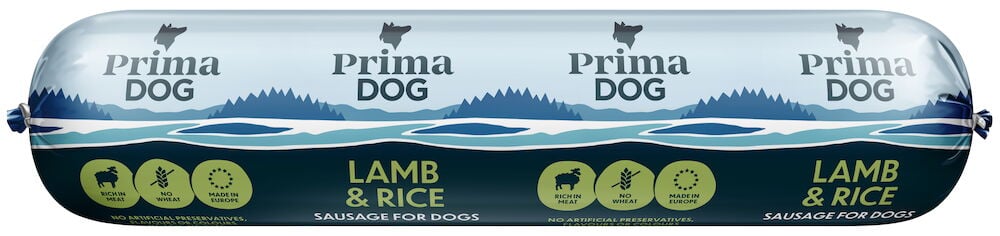 Blå förpackning med våtfoder för hund, lamm.