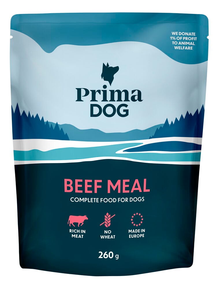 Blå portionspåse från PrimaDog Beef Meal våtfoder.