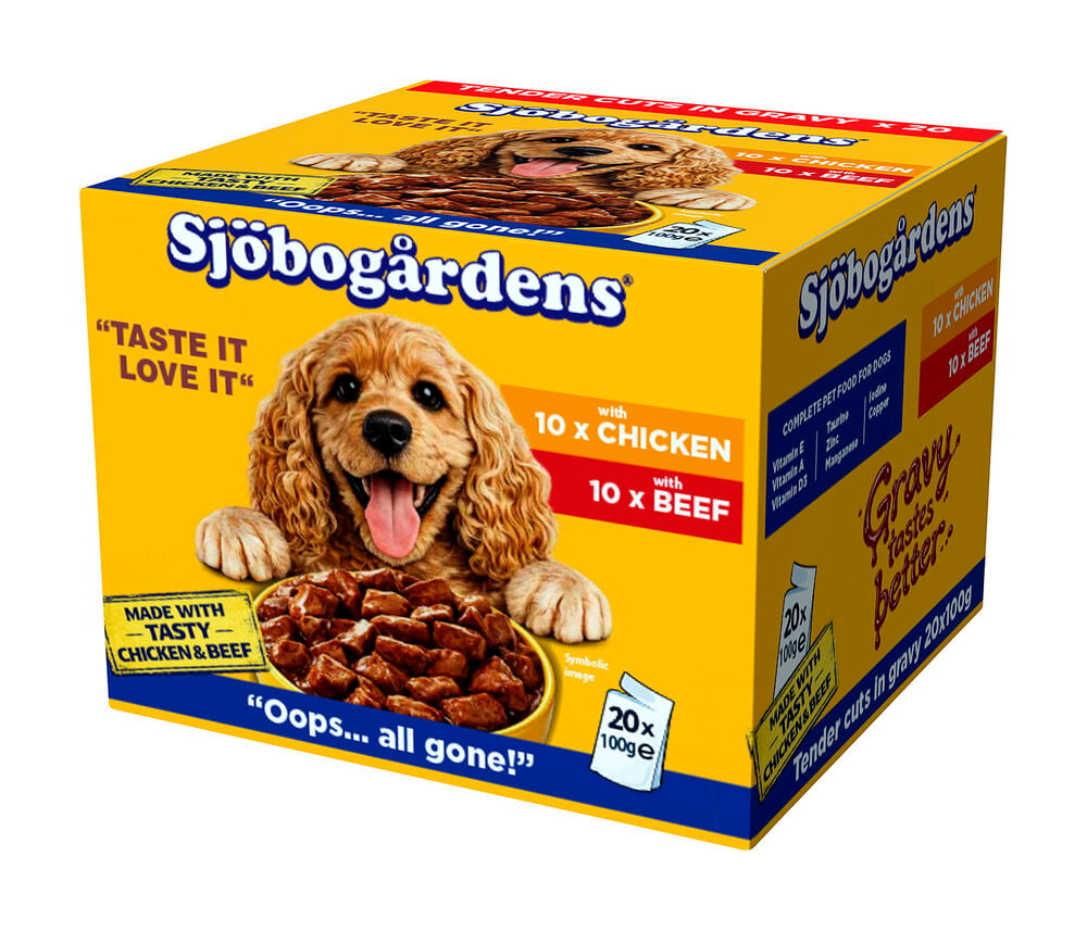 Keltainen laatikko Koirien märkäruoka Sjöbogårdens 20x100 g Naudanliha & Kana, iloisen koiran ja ruokakupin kera.