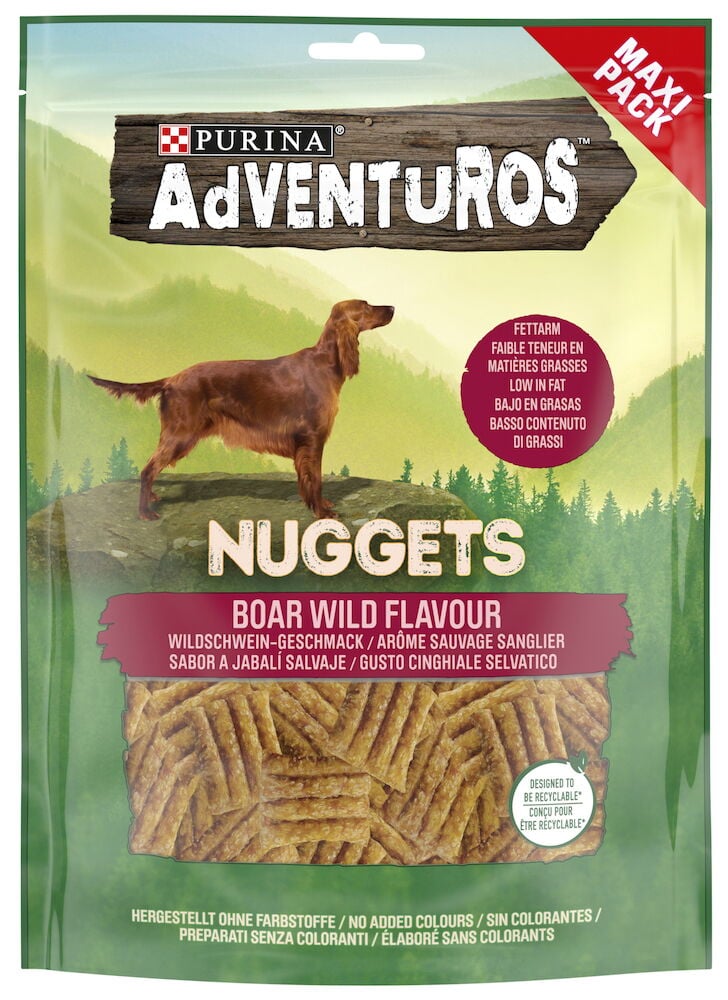 Grön påse med hundgodis nuggets vildsvinssmak.