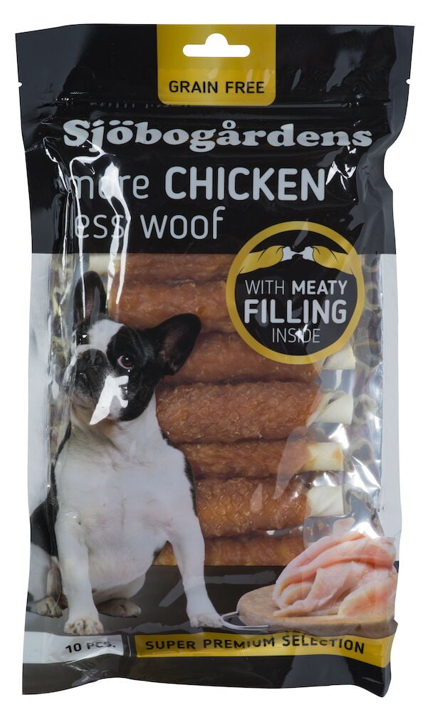 Förpackning med tuggpinnar och bild på en hund.