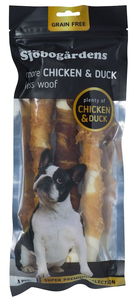 Förpackning med tre hundtuggpinnar kyckling och anka.