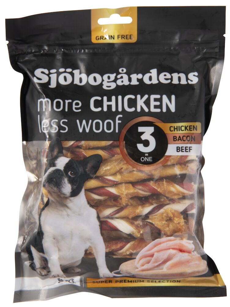 Påse med hundtuggpinnar i tre smaker.