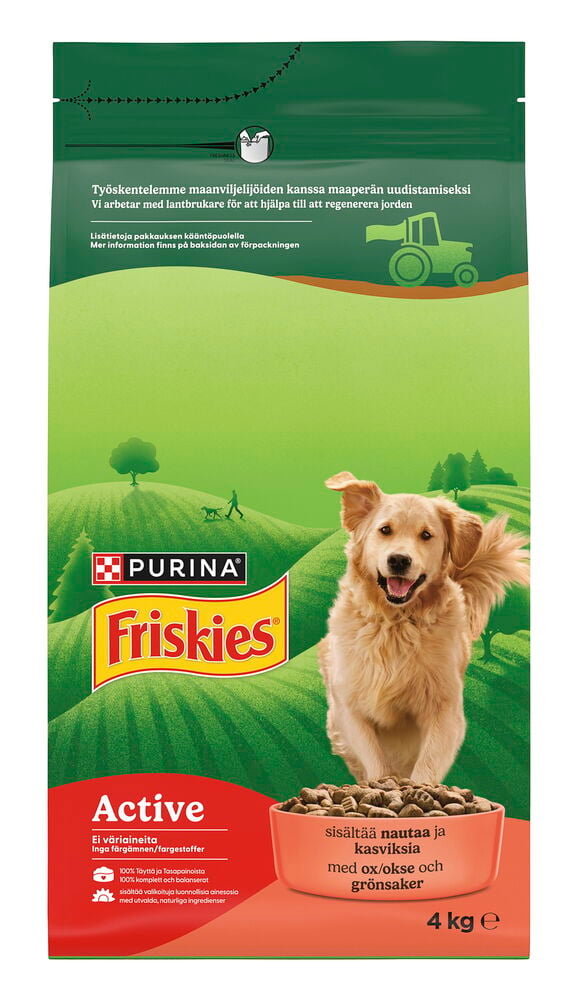 Koiran kuivaruoka Friskies 4 kg Aikuinen Naudanliha & vihannekset pussi, kultaisennoutajan ja ruokakupin kera.