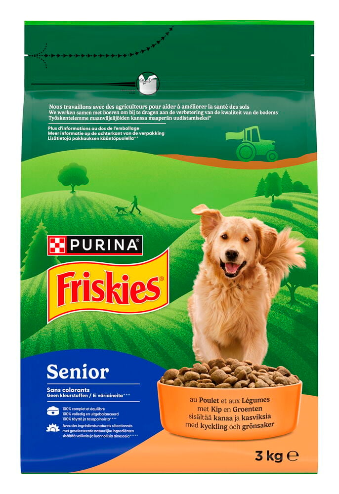 Koiran kuivaruoka Friskies 3 kg Senior Chicken & Vegetable pussi, golden retriever ja ruokakuppi kuvassa.