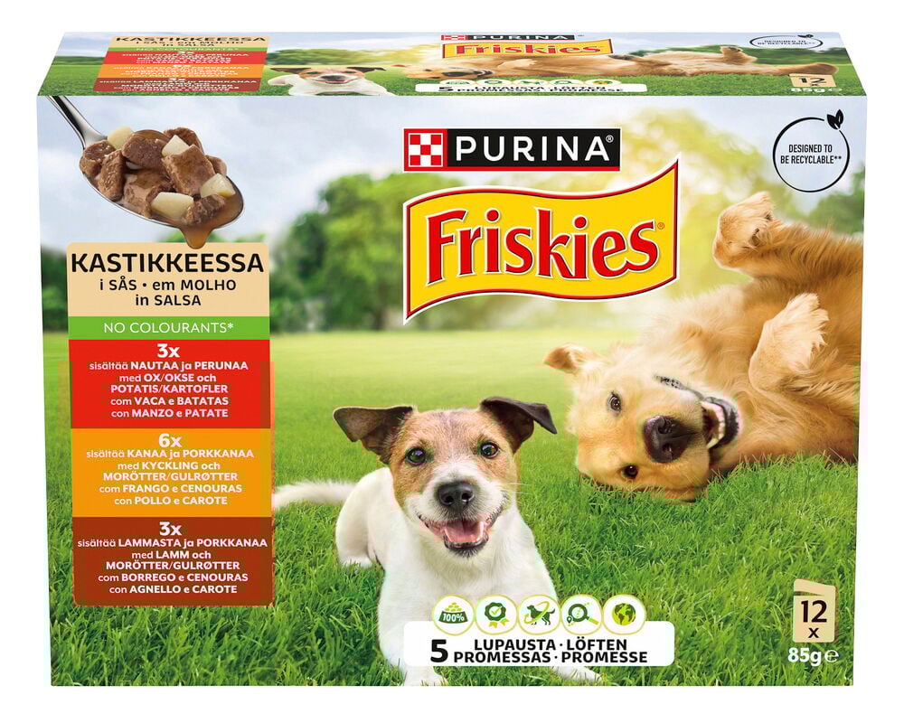 Koirien märkäruoka Friskies 12x85 g Nauta, Kana & Lammas pakkaus koirilla ja ruoka lusikassa.