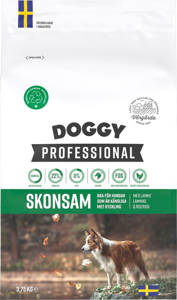 Tørrfôr til hund, 3,75 kg Doggy Professional Skonsam, lam og ris, i hvit og grønn pose.