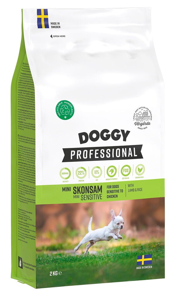 Tørrfôr, hund Doggy Professional 2 Lamb & Rice Mini, en hvit og grønn pose med en løpende hvit hund.