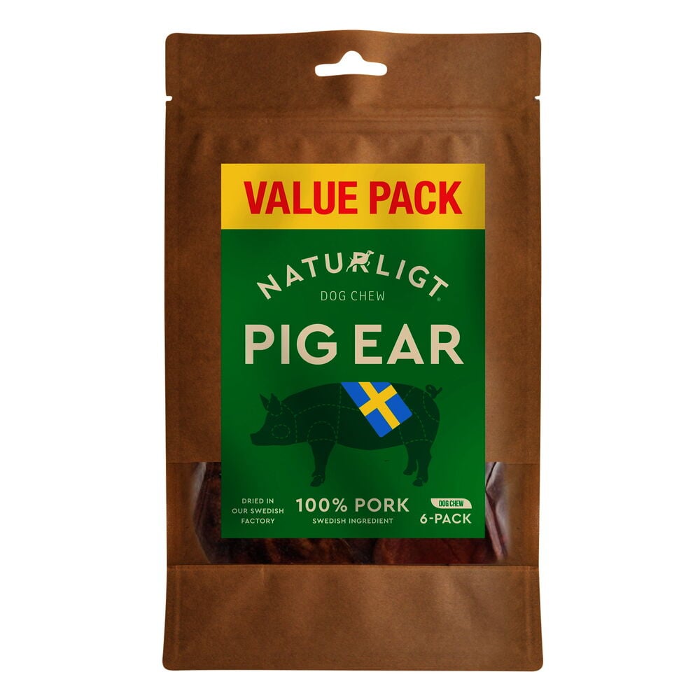 Brun förpackning med hundgodis grisöron value pack.