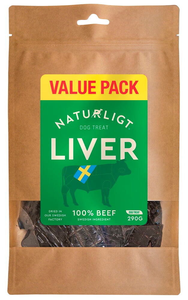 NATURLIGT 290g Okselever hundegodbiter i brun kraftpapirpose med grønn og gul etikett.