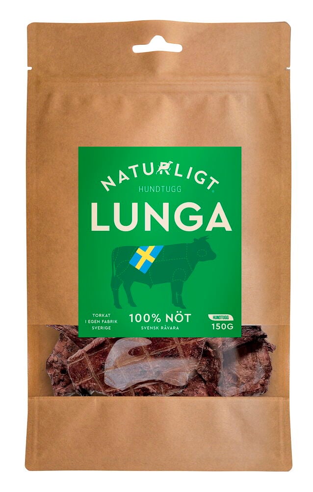 Brun kraftpapperspåse med Hundgodis NATURLIGT 150 g Nötlunga, grön etikett och genomskinligt fönster.