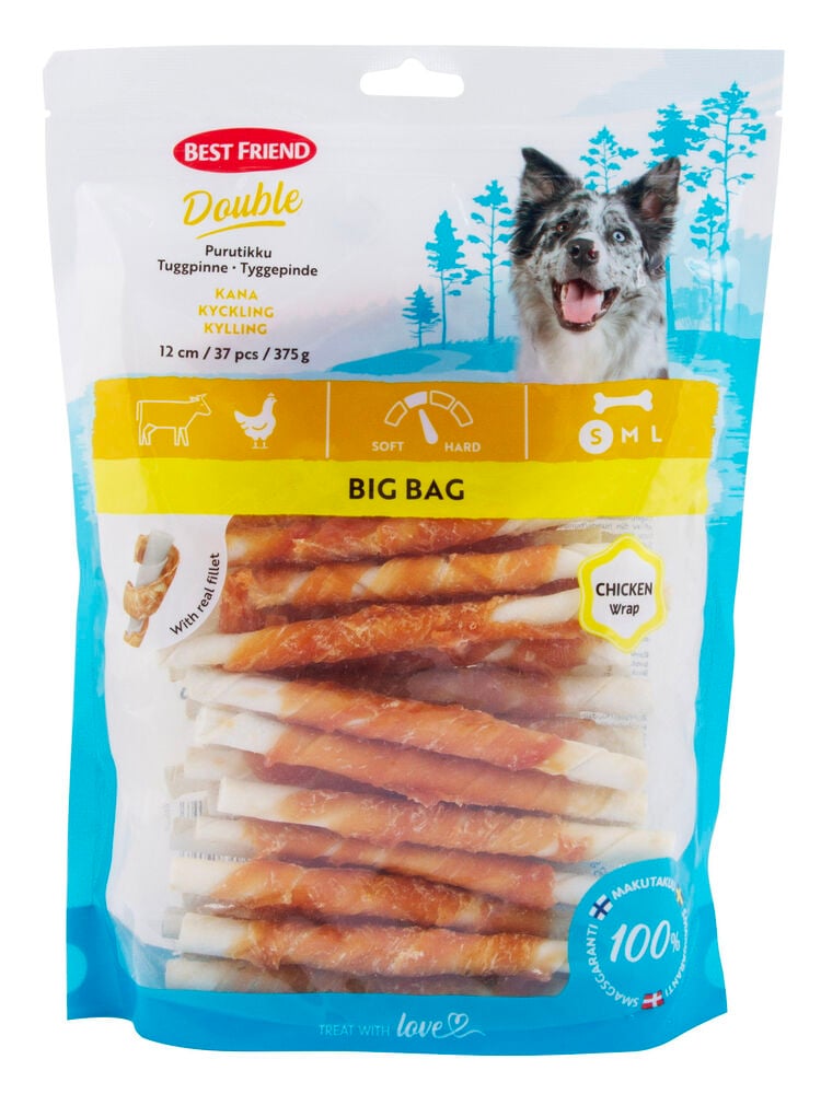 Kirkas pussi Best Friend Kana purutikkuja, 37 kpl 375 g, näyttää monia kanalla käärittyjä herkkuja.