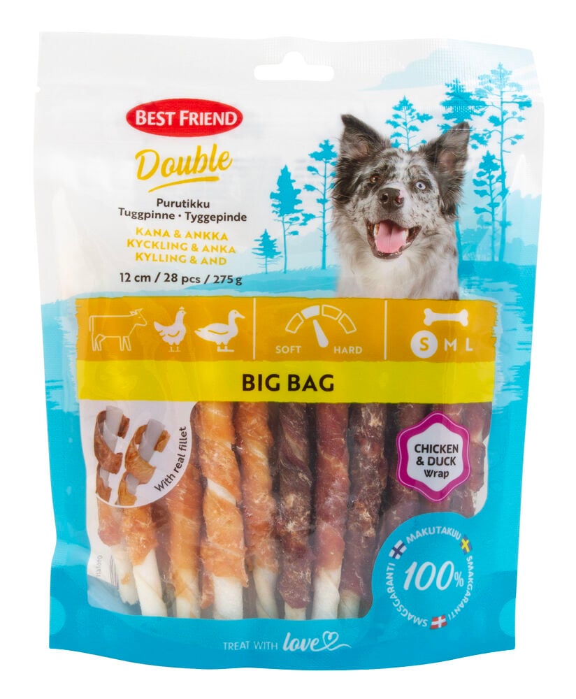 Läpinäkyvä pussi Best Friend 3 in 1 kana/ankka purutikkuja, 28 kappaleen 275g koiranherkkuja.