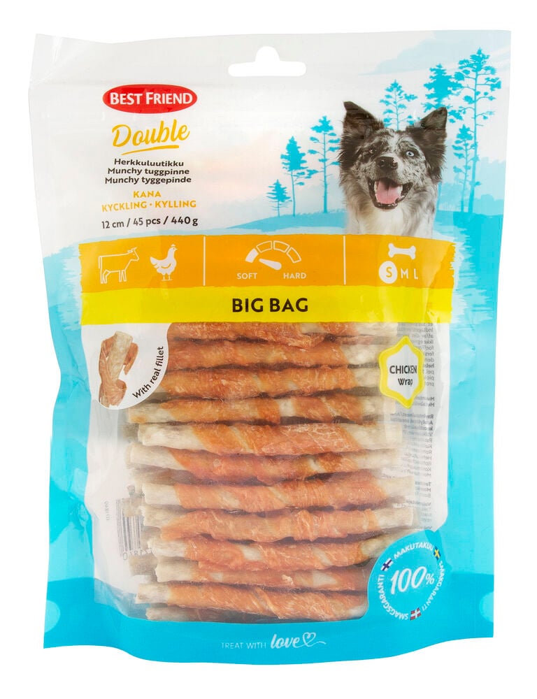 Purutikut Best Friend 3 in 1 45-pack, 440 g Munchy Chicken ovat oranssivalkoisia kierrettyinä pussissa.