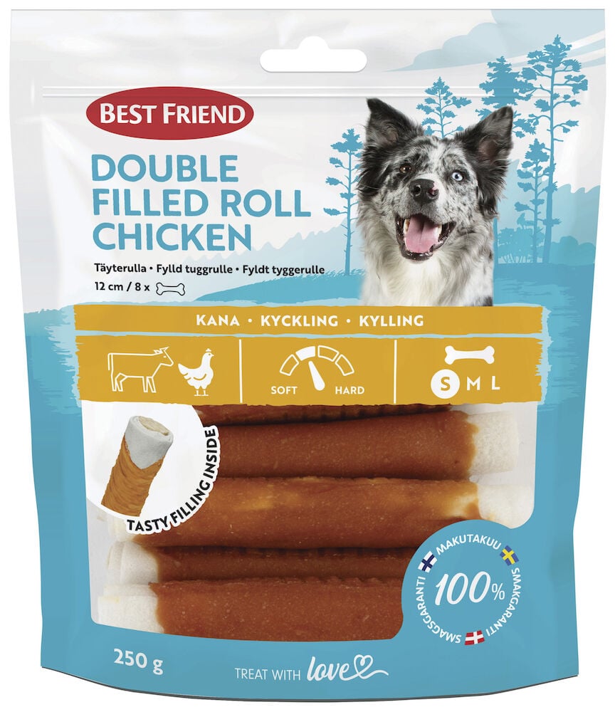 Åtta tuggpinnar med kycklingfyllning i förpackning.