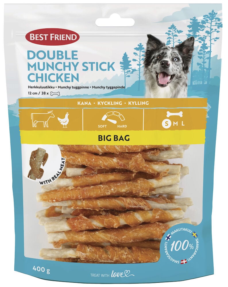 Påse med tuggpinnar täckta med kycklingfilé.