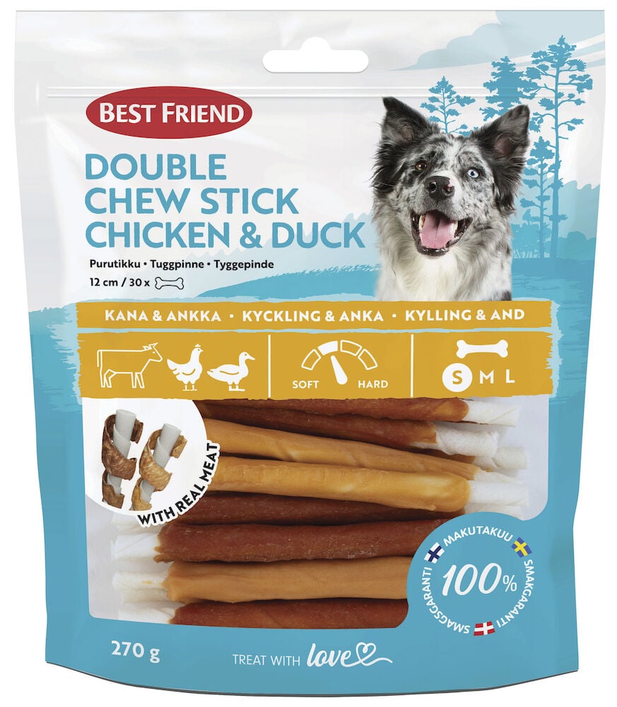 Förpackning med tuggpinnar kyckling anka och glad hund.