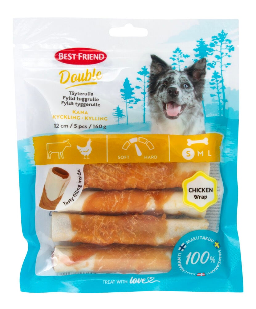 Purutikut Best Friend Double 5-pack, 160 g Filled Chicken, jossa viisi beigeä ja ruskeaa kanan ympäröimää tikkua.